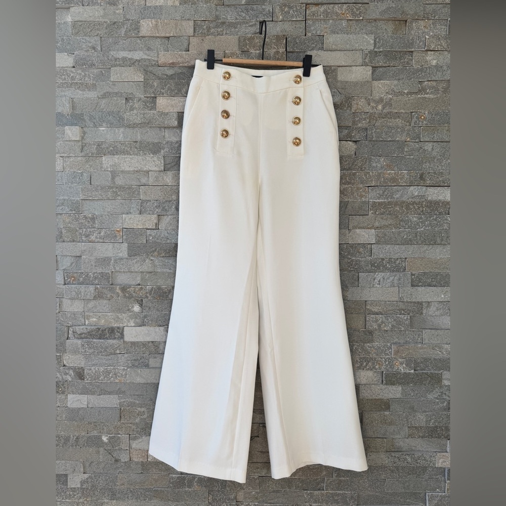 High Waist White Wide Leg Sailor Dress Pants Brass Buttons XS - Picture 2 of 16